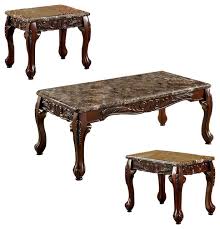 Shauna gold & clear side table. Wooden Coffee Table And End Tables Set With Faux Marble Top Pack Of 3 Brown Victorian Coffee Table Sets By Bunnyberry Houzz