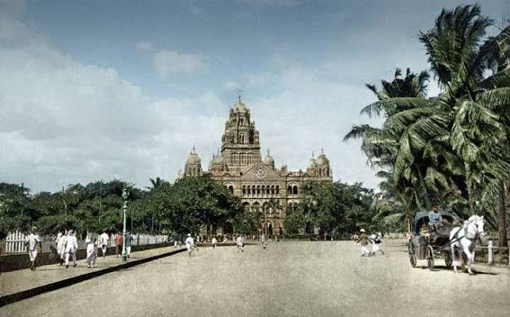 1900's British India, Bombay (Mumbai). The Road leading to the The Bombay, Baroda and Central India Railway Offices. Now the Western Railways Headquarters, Churchgate. Vintage Postcard. Restored Image.