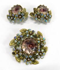 Vintage Floral Brooch & Ear Clips with Gemstones & Pearls