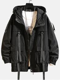 Black And Orange Jacket Mens Solid Color Pocket Decorated Hooded Jacket Mensjackets Menscoats Hooded Jacket Jackets Mens Outwear