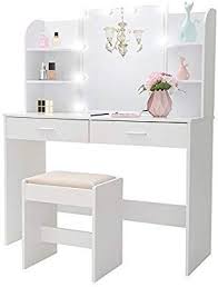 Amazon Com Vanity Set With Mirror Cushioned Stool Makeup Table Vanity Dressing Table 2 Large Drawer 6 Stor In 2020 Dresser Desk White Vanity Set Vanity Table Set