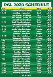 Pakistan cricket board (pcb) officially declared the hbl psl t20 or pakistan super league 2021 schedule for the sixth season. Psl 2020 Fixtures Schedule Squads Broadcast Live Streaming Details