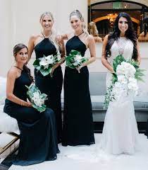 Chelsea S Bridesmaids Carried Deco Structured Bundles Of Palm Leaves And Cymbidium Orchid Blooms Am Braids Maid Dresses Black Orchid Wedding Bridesmaid Colors