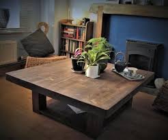 Large Low Coffee Table 100 Cm Square Eco Solid Wooden Slab Top Shelf Chunky Legs Dark Woo Large Square Coffee Table Coffee Table Square Coffee Table Wood