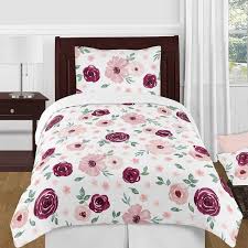 The deep maroon comforter contrasts the rest of the light colors in the room, and the desk space is illuminated by natural light spilling in from the window. Burgundy And Pink Watercolor Floral Girl 4pc Twin Comforter Set Blush Maroon Wine Rose Green Shabby Chic Flower Farmhouse Overstock 33641016