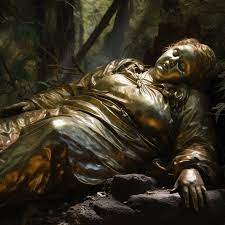 森の中にある哀愁漂うぽっちゃりした女性の仰向けの青銅像 | 写真
