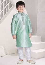 Embroidered Collar Art Silk Kurta Set In Light Green Kids Kurta Embroidered Collars Kids Outfits