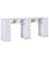 The white manicure table features a tower with drawers for storage and a large work surface. J A Double White Granite Top Manicure Table