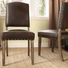 Lark Manor Pompon Nailhead Side Chair Upholstery Bonded Leather Brown In 2020 Dining Chair Upholstery Leather Dining Chairs Linen Dining Chairs
