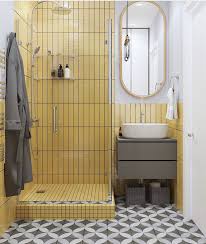 What An Exquisite Bath I Love The Yellow Shower Tile With The Gray Patterned Floor Tile Bathroom Interior Design Yellow Bathrooms Patterned Floor Tiles