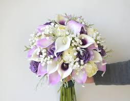 Orchid Bridal Bouquets Real Touch Wedding Floral Calla Lilies Ivory Roses Baby S Breath Dusty Millers Silk Bridal Bouquet In 2020 Orchid Bridal Bouquets Bridal Bouquet Purple Wedding Bouquets