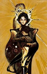 celestial fang, paul atreides, sandworm, dune (series), absurdres, highres,  1boy, 1girl, armor, black dress, black hair, blending, blue eyes, blue  sclera, colored sclera, dress, eyes of ibad, halo, halo behind head, male
