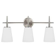 33.75 4 light vanity light features a classic look with its brushed nickel finish and satin etched cased opal glass and uses 100 watt (max.) bulb equivalent and measures 8 in height and a width of 33.75. Sea Gull Lighting Driscoll 24 5 In W 3 Light Brushed Nickel Wall Bath Vanity Light With Inside White Painted Etched Glass 4440403 962 The Home Depot