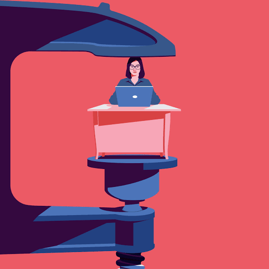 An illustration showing a woman working on a laptop while sitting at a desk, which is being squeezed tightly by a large blue clamp against a pink background