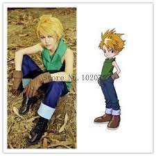 He wears a turtlenecked purple shirt with short sleeves, grey pants, a green bandana. Digimon Adventure Yamato Ishida Matt Ishida Cosplay Kostum Costume Supergirl Cosplay Glovecostume Tree Aliexpress