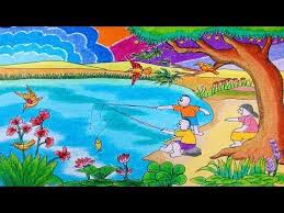  Cara Menggambar Anak Anak Sedang Memancing Di Danau Dan Pemandangan Deng Pemandangan Cara Menggambar Gambar