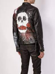 Faith Connexion Skull Print Leather Jacket L Eclaireur Farfetch Com Painted Leather Jacket Designer Leather Jackets Custom Leather Jackets