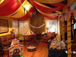 1st Birthday Circus We Turned Our Living Room Into A Circus Tent By Using Red And Yellow Tablecloths Yellow Tablecloth Interior Design Design