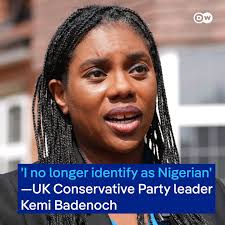 UK 🇬🇧 Conservative Party leader Kemi Badenoch has said she no longer  identifies as Nigerian, and has not renewed her passport since the early  2000s. Badenoch was born in the UK and