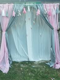 Back Drop Using Curtain Rods And Plastic Table Cloths I Taped The Cloths To Make A Curtain Slot Plastic Tablecloth Backdrop Tablecloth Backdrop Diy Backdrop