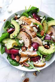 Roasted Beet Avocado And Goat Cheese Spinach Salad With Chicken Foodiecrush Com