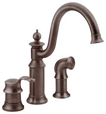 It has one handle placed on the right side. In Stock Moen Waterhill 1 Handle High Arc Kitchen Faucet Traditional Kitchen Faucets By The Stock Market Houzz