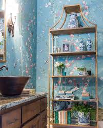 Switching out your shower curtain is a simple way to instantly upgrade your bathroom decor without breaking the bank. This Powder Room Takes On A New Life With Schumacher1889 Wallpaper Taking It From Stucco Faux European Darkness To Bright Decor Gold Bathroom Decor Blue Decor