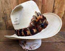 Cowboy Feather Hat Band On Leather With Ties Wild Turkey Feathers Pheasant Feathers In Black Dark Brown And Go Hat Bands Feather Hat Unique Items Products