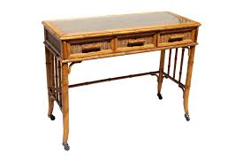 Vintage mid century post 1950 unique bamboo rattan desk and matching chair. Vintage Wood Bamboo And Wicker Writing Desk With Drawers Glass Top And Casters Writing Desk With Drawers Vintage Wood Desk With Drawers