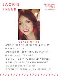 TBT #UHComDAlumni spotlight: Jackie Freer graduated in 2012 and has worked  in acute care, inpatient & outpatient rehab settings.She is a co-author of  a paper about facilitated conversation groups for people with