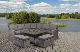 Carina Rattan Corner Set With Fire Pit Garden Furniture In 2021 Garden Sofa Set Fire Pit Sets Fire Pit Patio Set