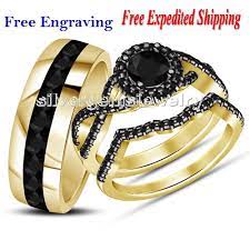 Men Womens Matching Trio Wedding Band Ring Set 14k Yellow Gold Round Aaa Diamond Silve Black Diamond Ring Engagement Bridal Engagement Rings Trio Wedding Sets