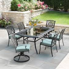 Hampton Bay Belcourt 7 Piece Metal Outdoor Patio Dining Set With Spa Cushions Hamptonbay Patio Dining Furniture Outdoor Dining Set Clearance Outdoor Furniture