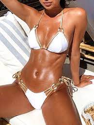 Sexy Crystal Diamond Tassel Bikini 2023 Women Golden Bandeau Swimsuit  Female Swimwear Ribbed Bikini set Halter Bathing Suit Swim