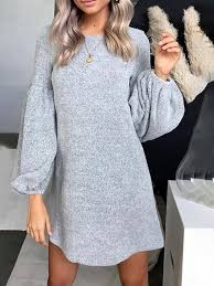 Crew Neck Basic Balloon Sleeve Casual Knitted Dress Casual Knit Dress Lantern Sleeve Sweater Balloon Sleeve Dress