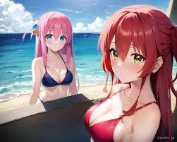 two women, cleavage, BOCCHI THE ROCK!, anime, anime girls, swimwear, Gotou  Hitori, Kita Ikuyo, artwork, digital art, fan art, blushing, water, AI art  | 1280x1024 Wallpaper - wallhaven.cc