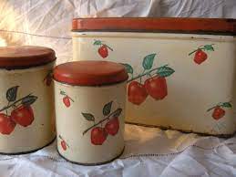 Antique metal kitchen tables expandshare apple store. Vintage Kitchen 1940s Bread Box And Canister 3 Piece Apple Set Vintage Kitchen Decor Vintage Bread Boxes Vintage Kitchen Utensils