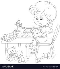 Little Schoolgirl Writing In An Exercise Book With Samples Of Letters Black And White Vector Illus Cute Coloring Pages Coloring Books Preschool Coloring Pages
