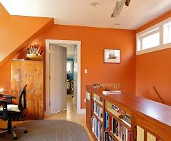 I have burnt orange walls in my livingroom (african tulip) with light beige walls. Hot Trend 25 Vibrant Home Offices With Bold Orange Brilliance