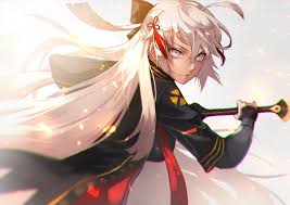 Anime boys come in all sorts of different hair colors; Hd Wallpaper Okita Souji White Hair Long Hair Sword Dark Skin Gray Eyes Wallpaper Flare