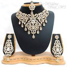 Elegant Bridal Set Heavy Gold Plated Diamante Crystal Vintage Indian Jewelry Necklace Earrings Vintage Indian Jewelry Wedding Jewellery Necklace Indian Jewelry