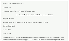 Karena surat ini adalah permohonan izin kegiatan dalam lingkup kelurahan atau desa, maka surat ditujukan kepada semoga bermanfaat untuk anda akan mengajukan izin kegiatan. Beginilah Contoh Surat Izin Tidak Masuk Pramuka Yang Baik Dan Benar Nada 313