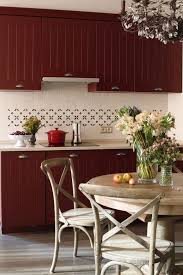 Burgundy Kitchen Cabinets In Breakfast Nook Lake House Kitchen Kitchen Cabinets Decor Kitchen Renovation