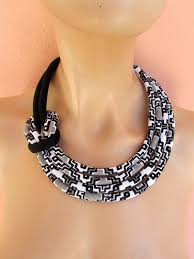 Black And White Jewelry Sets Black And White Jewelry Set Fabric Asymmetric Side Knot Necklace Statement Bib Neck Piece With Images White Jewelry Cord Jewelry African Necklace