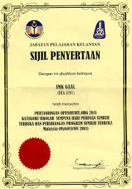 Sijil penghargaan ialah sekeping kenyataan rasmi yang menunjukkan penglibatan atau kejayaan seseorang dalam sesuatu aktiviti yang mereka sertai atau lakukan. Pertandingan Openoffice Org 2011 Sekolah Menengah Kebangsaan Gaal