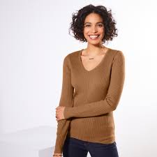 Bande de propreté à l'encolure. Pull Maille Cotelee Col V Uni Blancheporte
