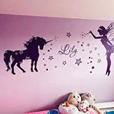 sticker mural pour chambre d enfant avec prenom licorne et elfe plastique violett 80 cm breit x 49 cm chambre enfant stickers muraux deco chambre fillette