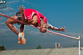 An event in which the contestants take turns jumping for height over a horizontal bar set between two upright supports: High Jump Drills How To Coach Beginners