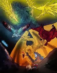 The planet eater like king ghidorah, clad in a gold lighting, descends on the planet without a means for defeating godzilla earth, humanity watches. Godzilla Gridman King Ghidorah Godzilla Mothra And 9 More Ssss Gridman And 8 More Drawn By Randomcharacterspace Danbooru