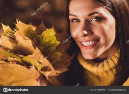 Close up photo of feminine cute pretty girl enjoy autumn park forest nature  collect show gold maple leaves wear pullover sweater outside — Stock Photo  © deagreez1 #406599742